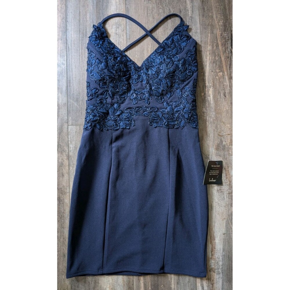 NWT Lulus Greatest Devotion Navy Blue Embroidered Lace-Up Mini Dress Women's XS